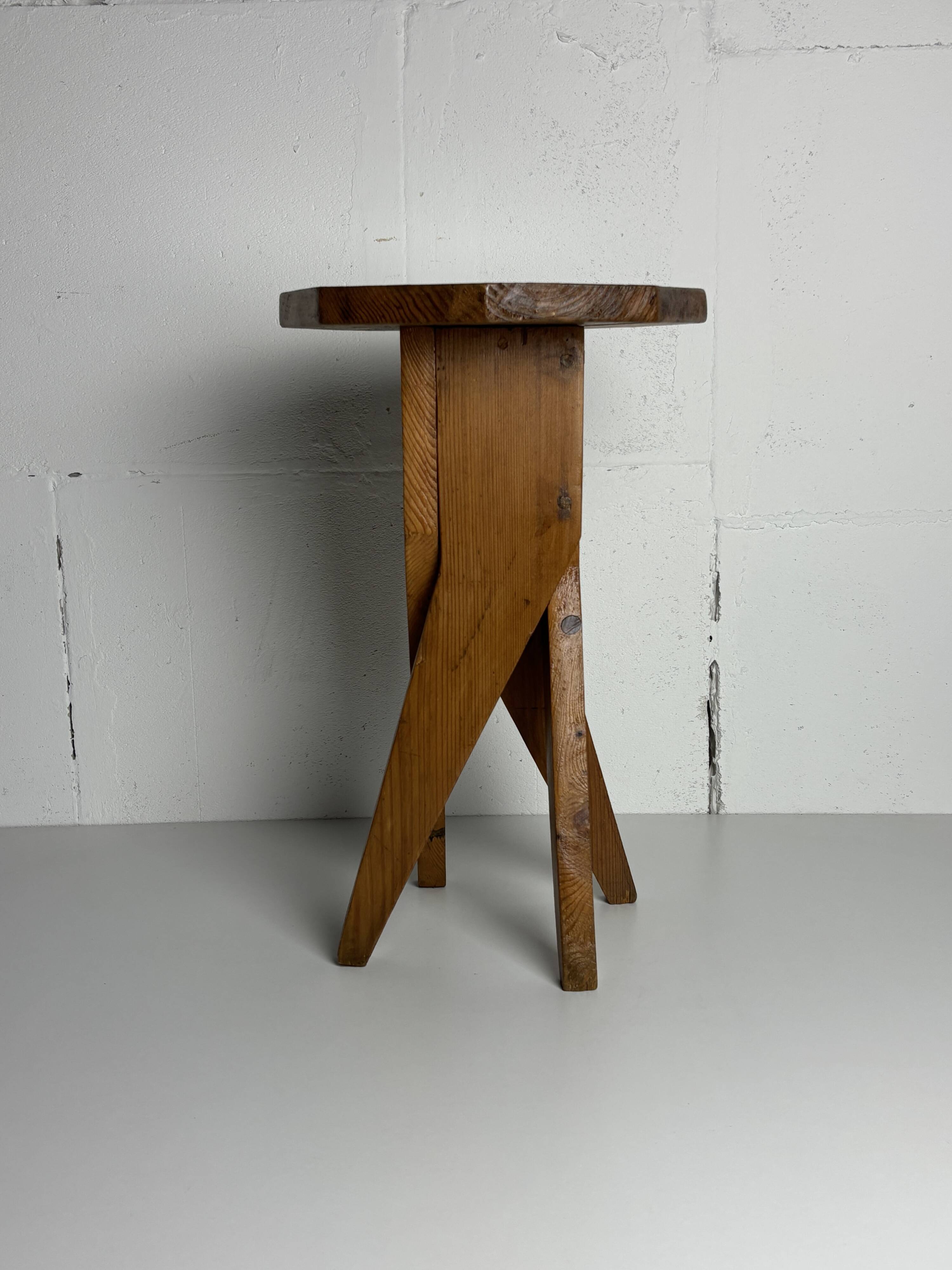 Midcentury brutalist artisanal rustic handcrafted stool, France 1960s