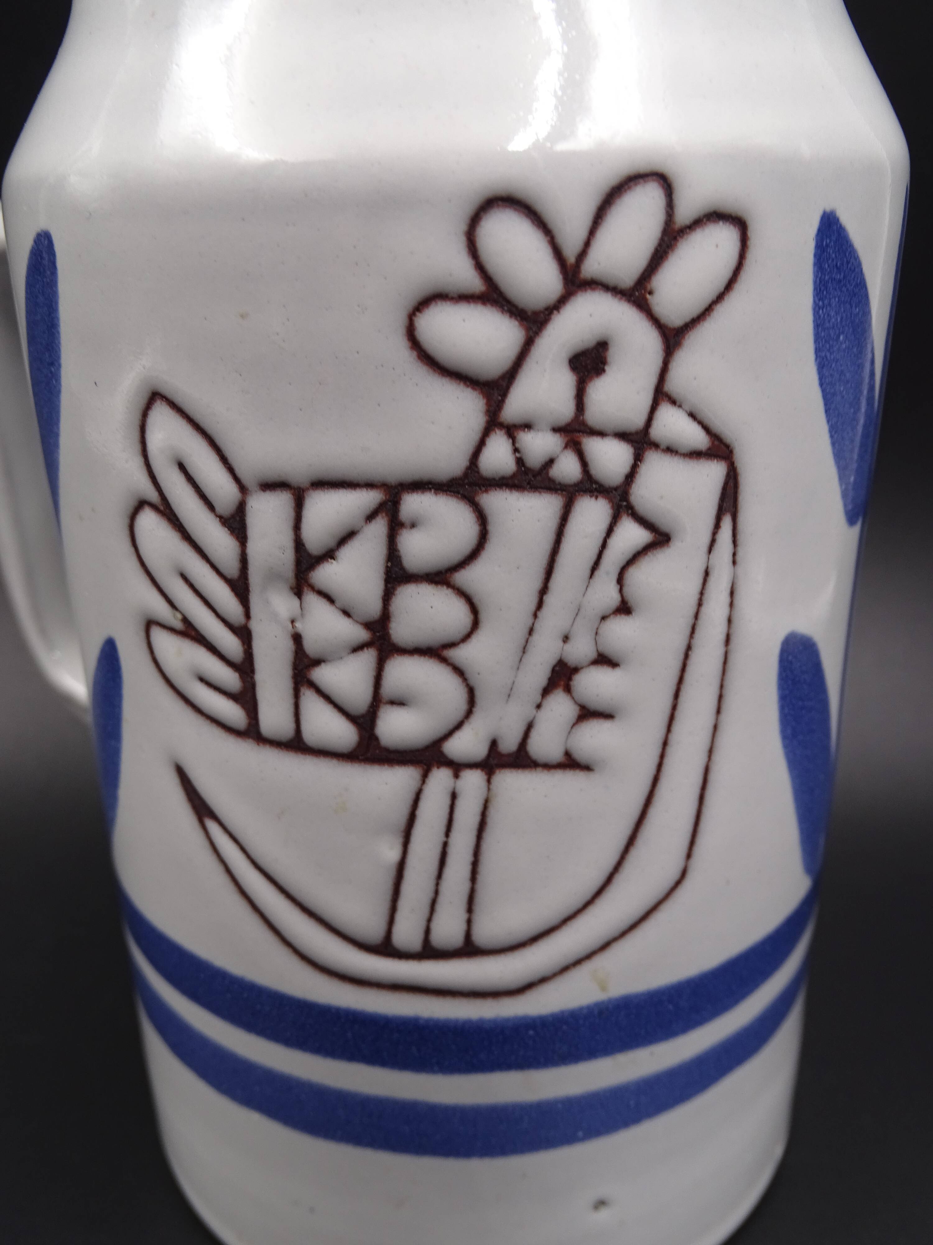 Enamelled terracotta pitcher, bird decoration engraved by Michel Barbier, Vallauris circa 1970