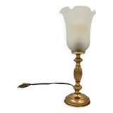 Vintage French Empire table lamp in gilded brass, opaline, pleated tulip, Belle Epoque