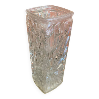 Vintage 1970s Rectangular Moulded Glass Vase with Sun Decoration #D757