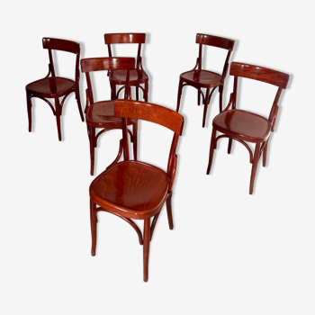 Lot de 6 chaises de bistrot bois vernis courbé années 70 vintage