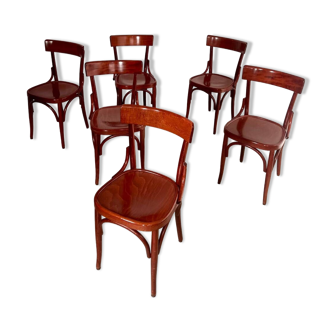 Lot de 6 chaises de bistrot bois vernis courbé années 70 vintage