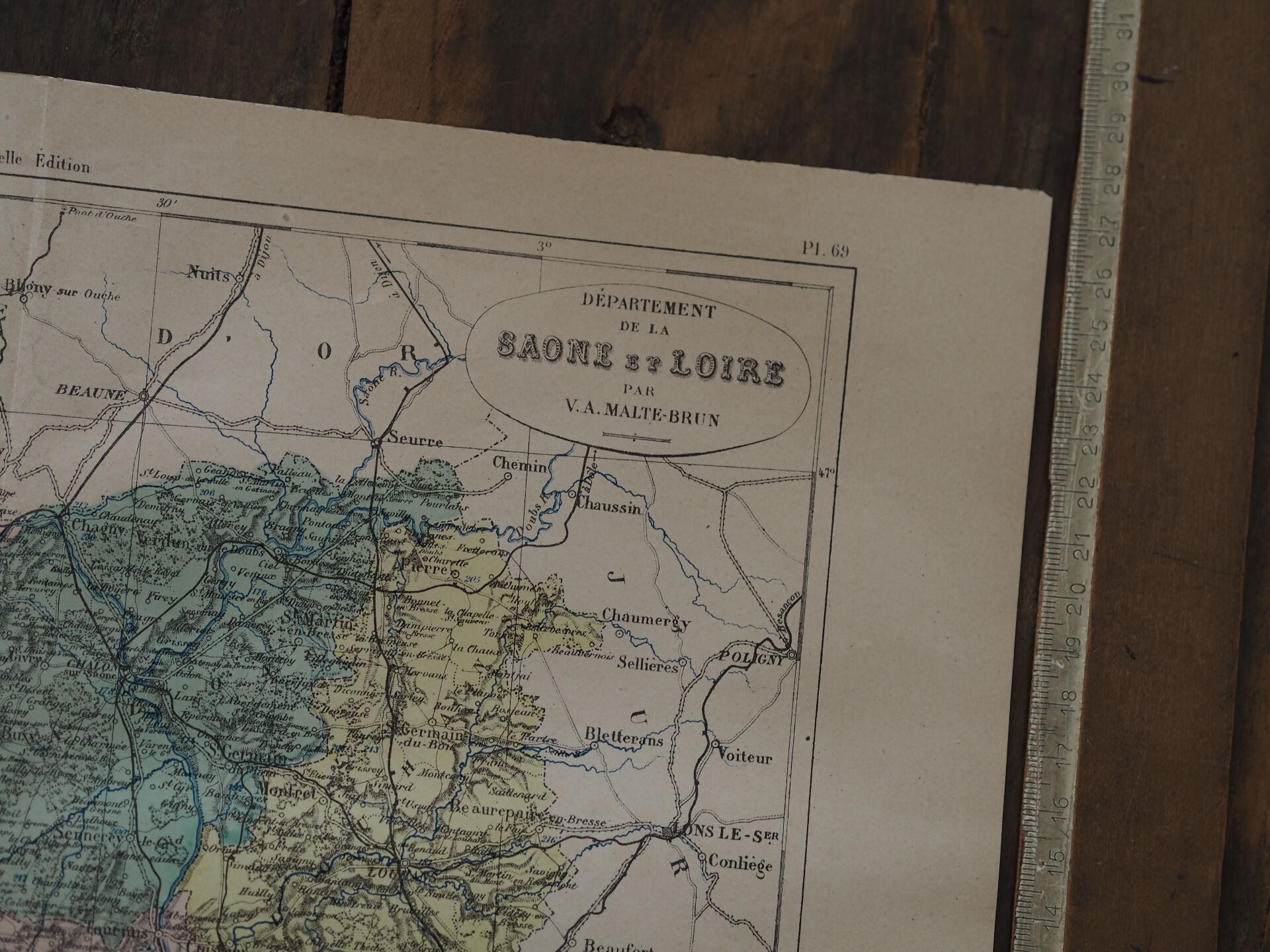 Saône and Loire, old map printed in 1883.