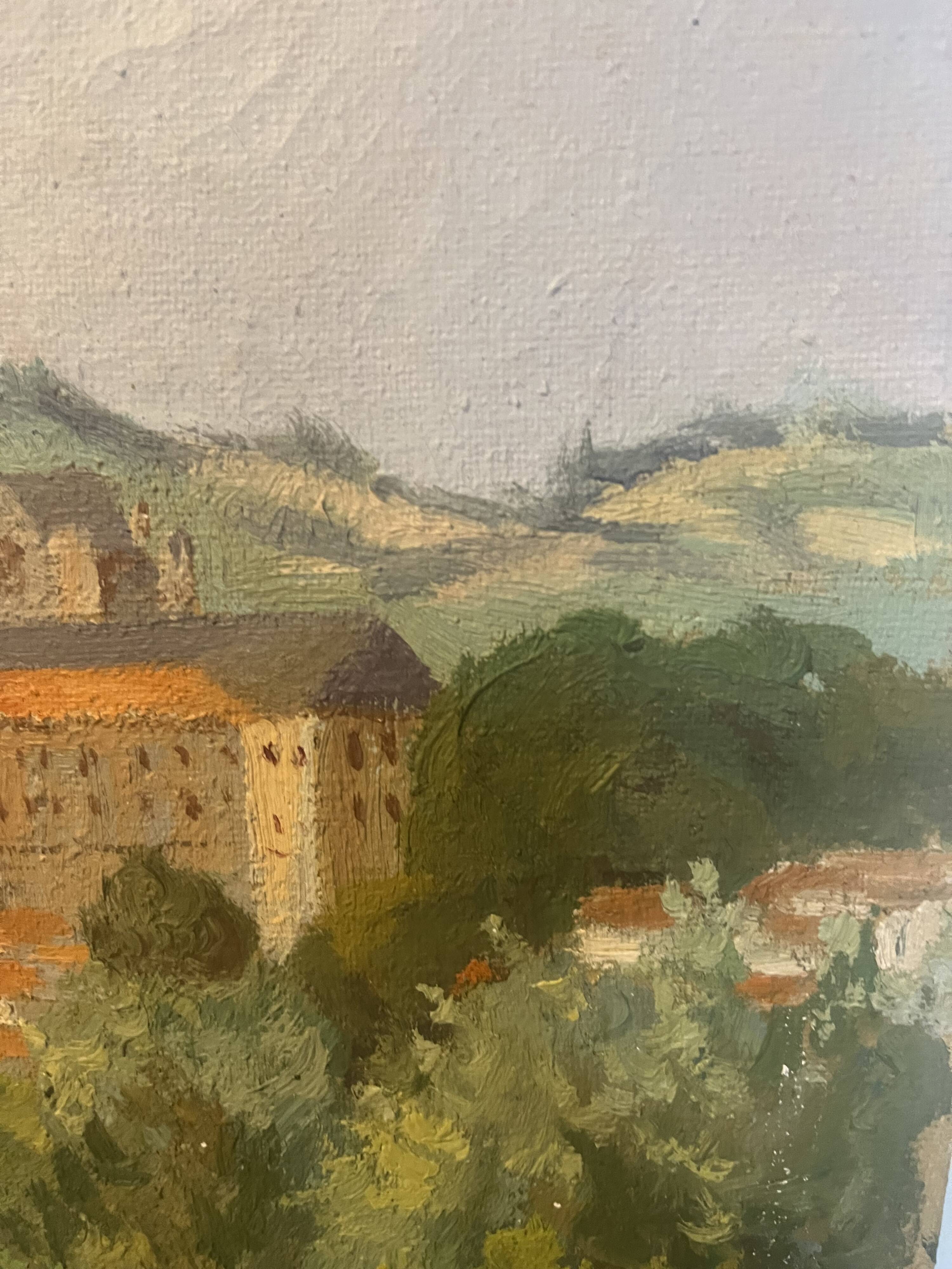 Oil on canvas rural landscape, village steeple and its countryside.