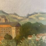 Oil on canvas rural landscape, village steeple and its countryside.