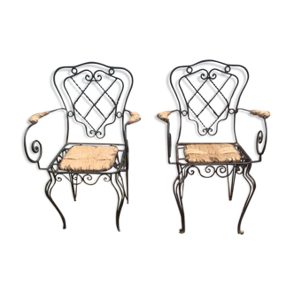 40 year old armchair pair in metal and straw