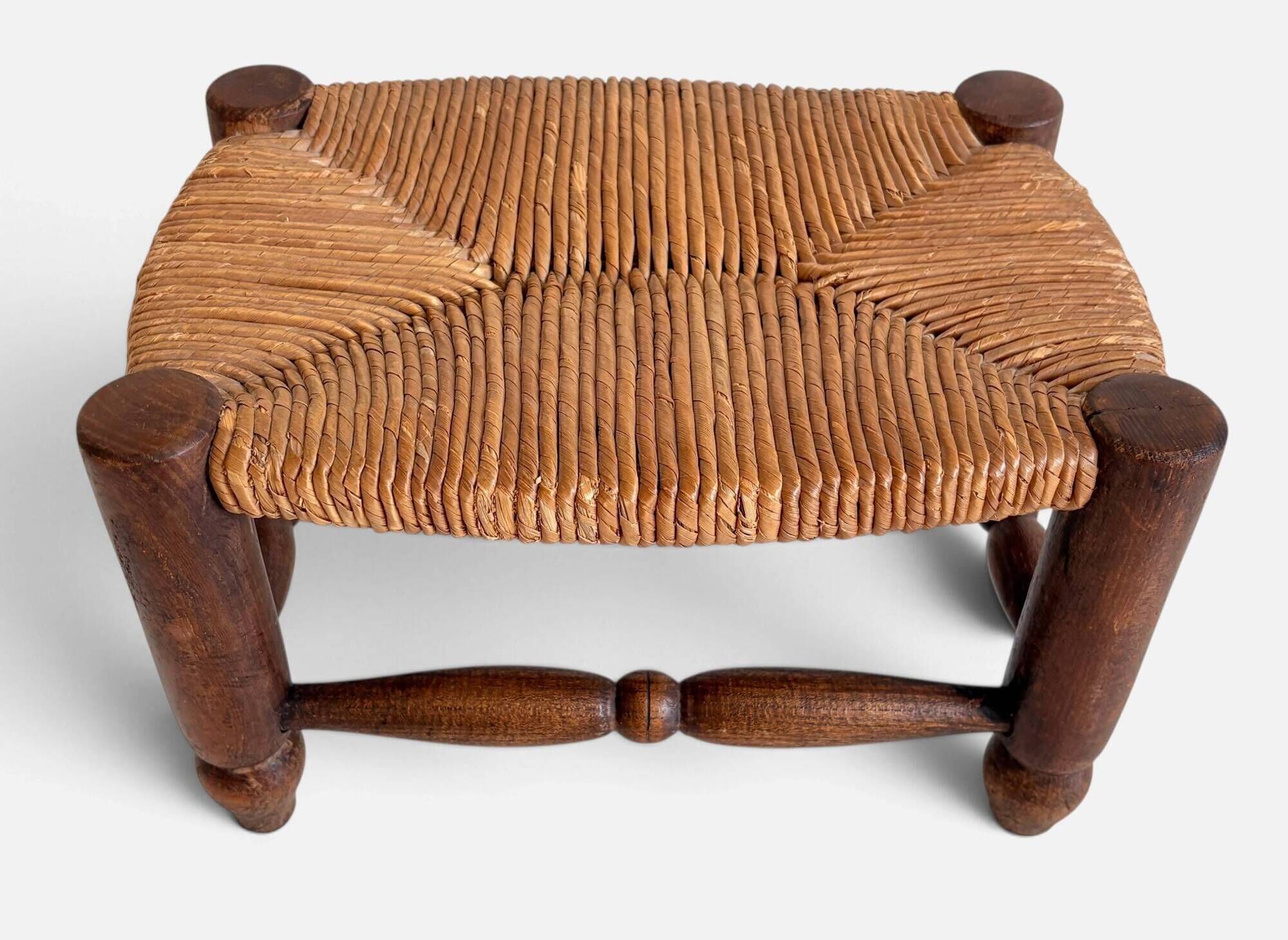 Rustic French Low Footstool in Turned Wood and Rush, Early 20th Century