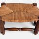 Rustic French Low Footstool in Turned Wood and Rush, Early 20th Century