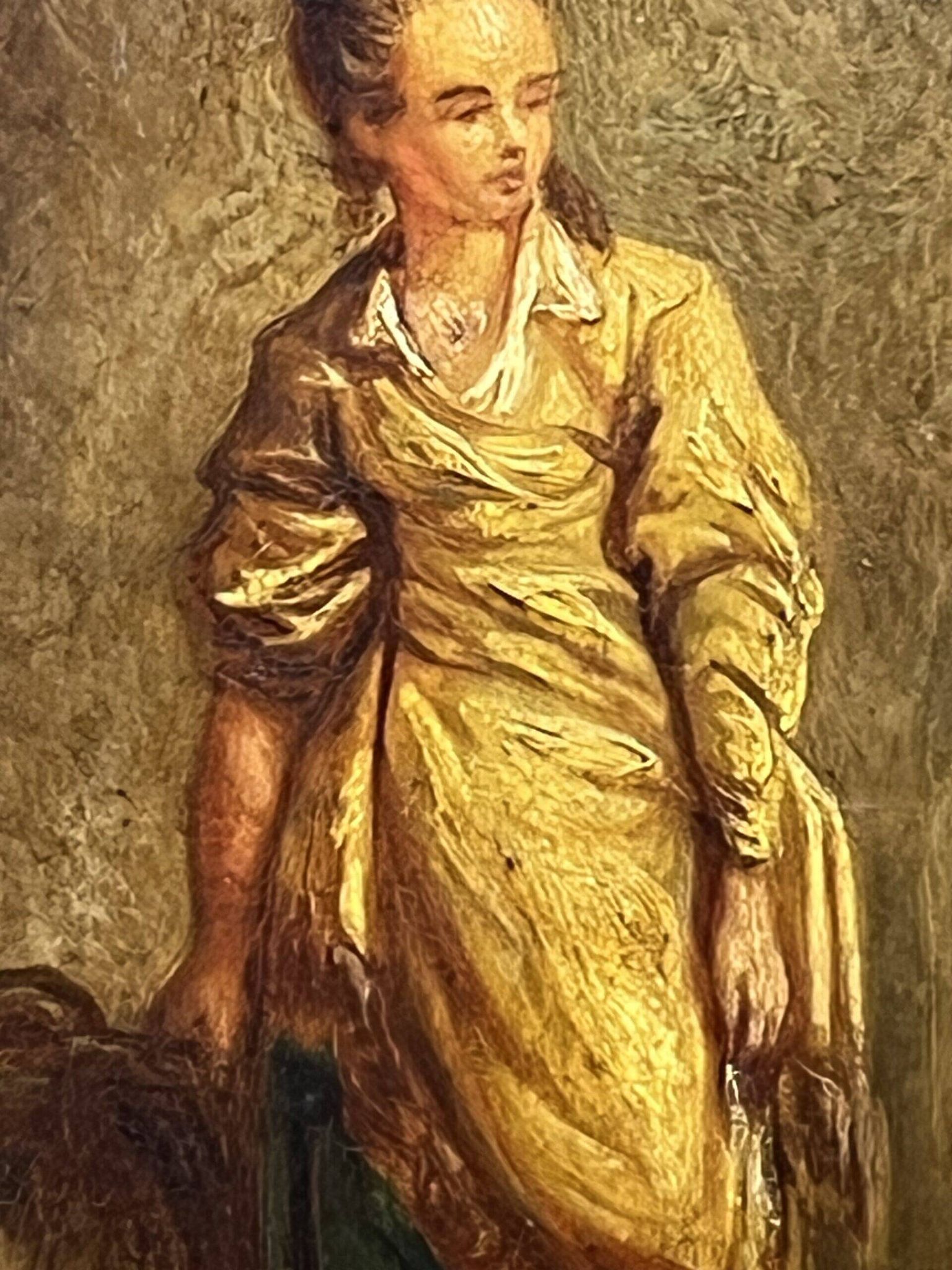 Oil on wood panel, woman with basket, signed LP, Jean Baptiste Le Prince?