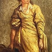 Oil on wood panel, woman with basket, signed LP, Jean Baptiste Le Prince?