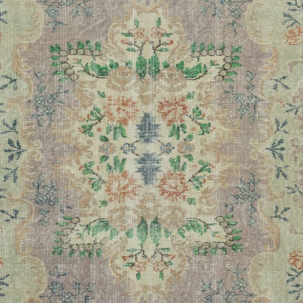 Vintage Turkish Rug in Shades of Green. Hand knotted Floral Medallion Design Carpet