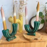 Pair of Art Deco Double Candlesticks in Emerald Green Ceramic - 1950s Vallauris Style