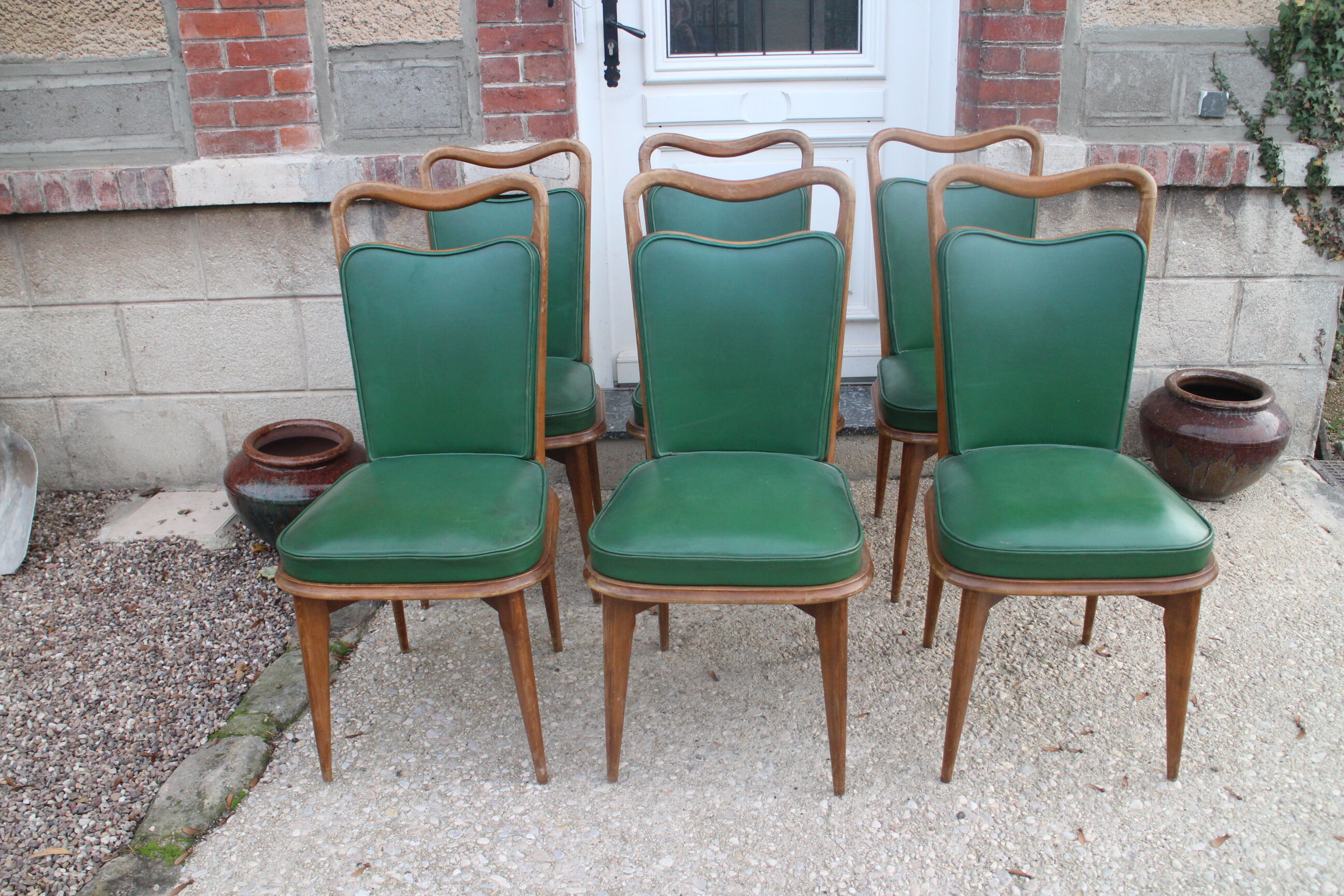 Série 6 chaises simili cuir vert 1950