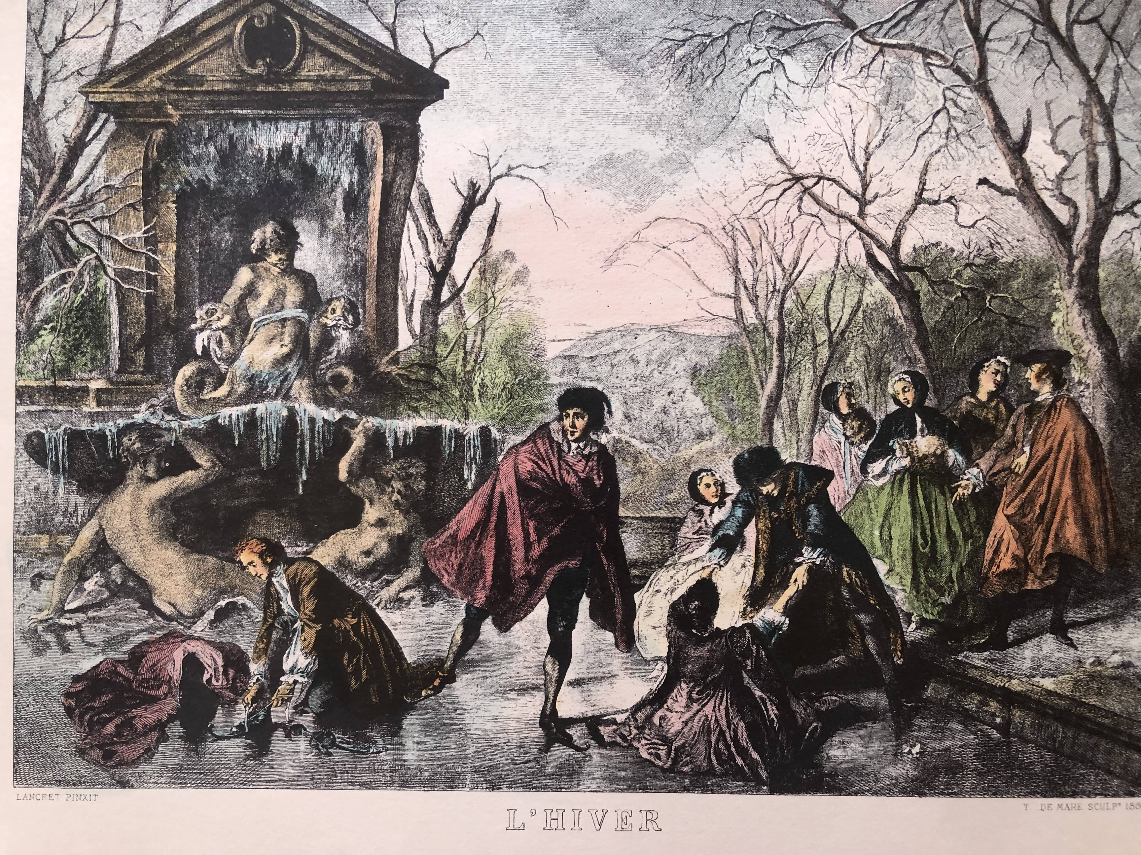 Set 4 lithograph les saisons after nicolas lancret, engraver chapollion and de mare, 20th century print