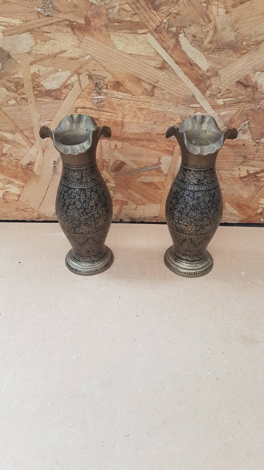 Pair of vintage painted black decor brass vase