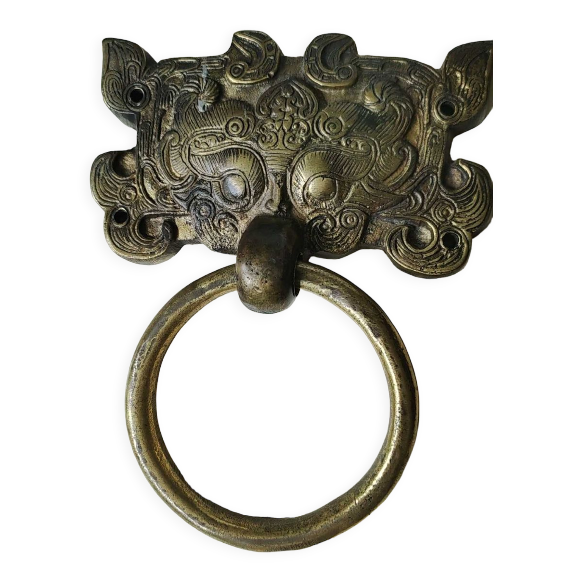 Ancient door knocker, taotié mask, shang dynasty. in bronze golden patina