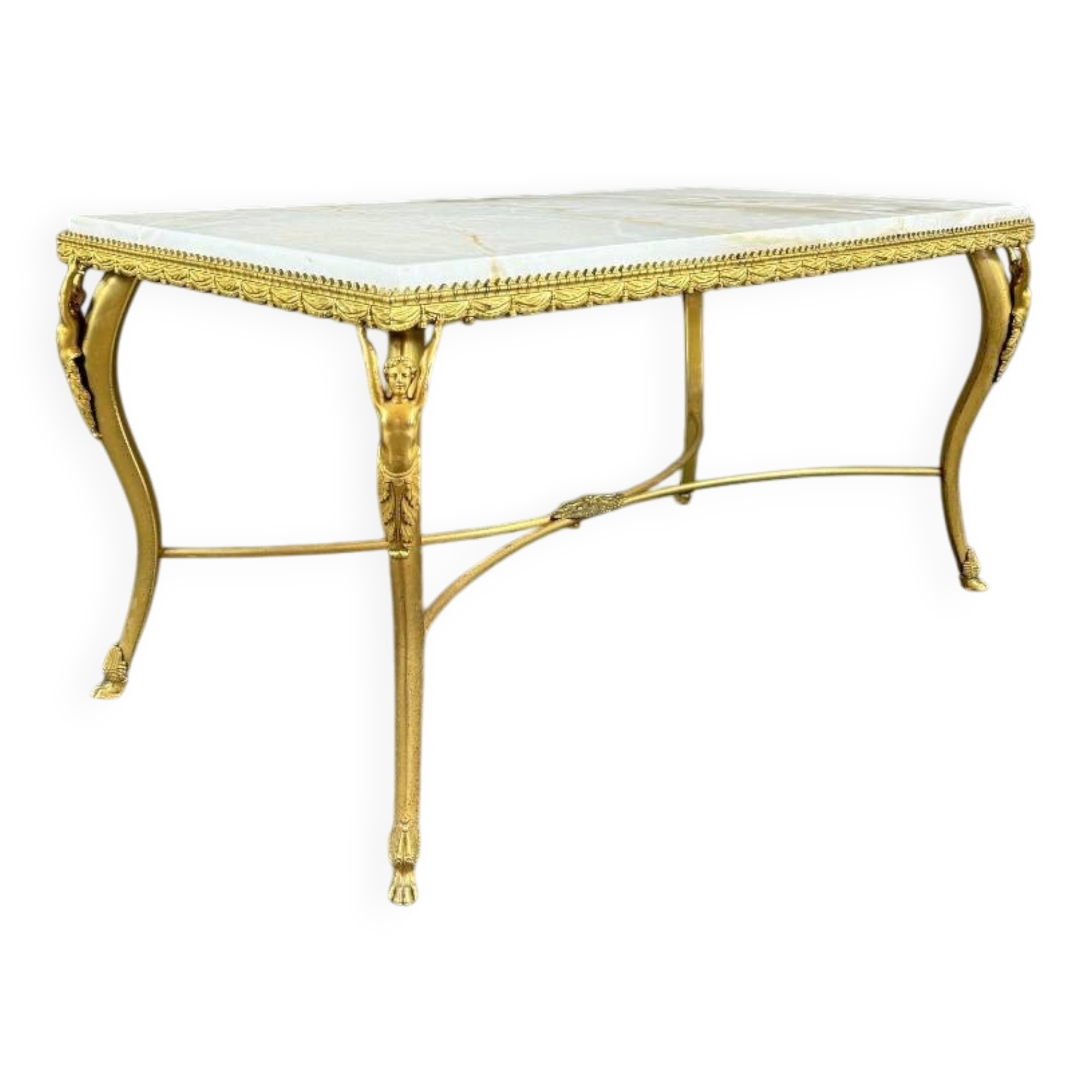 Coffee table in gilded bronze and marble, high-quality decorative work,