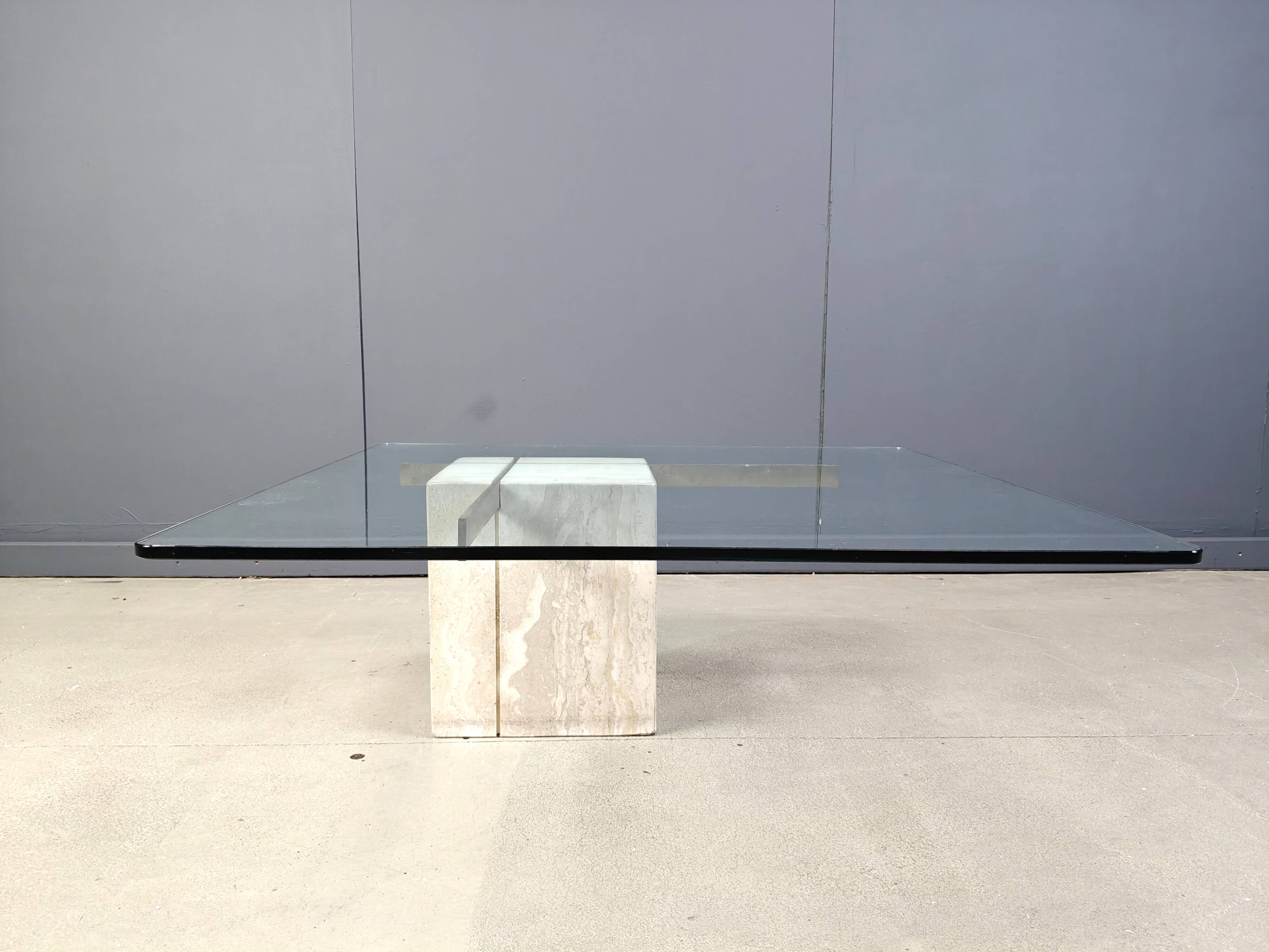 Travertine and brass coffee table by Artedi, 1980s