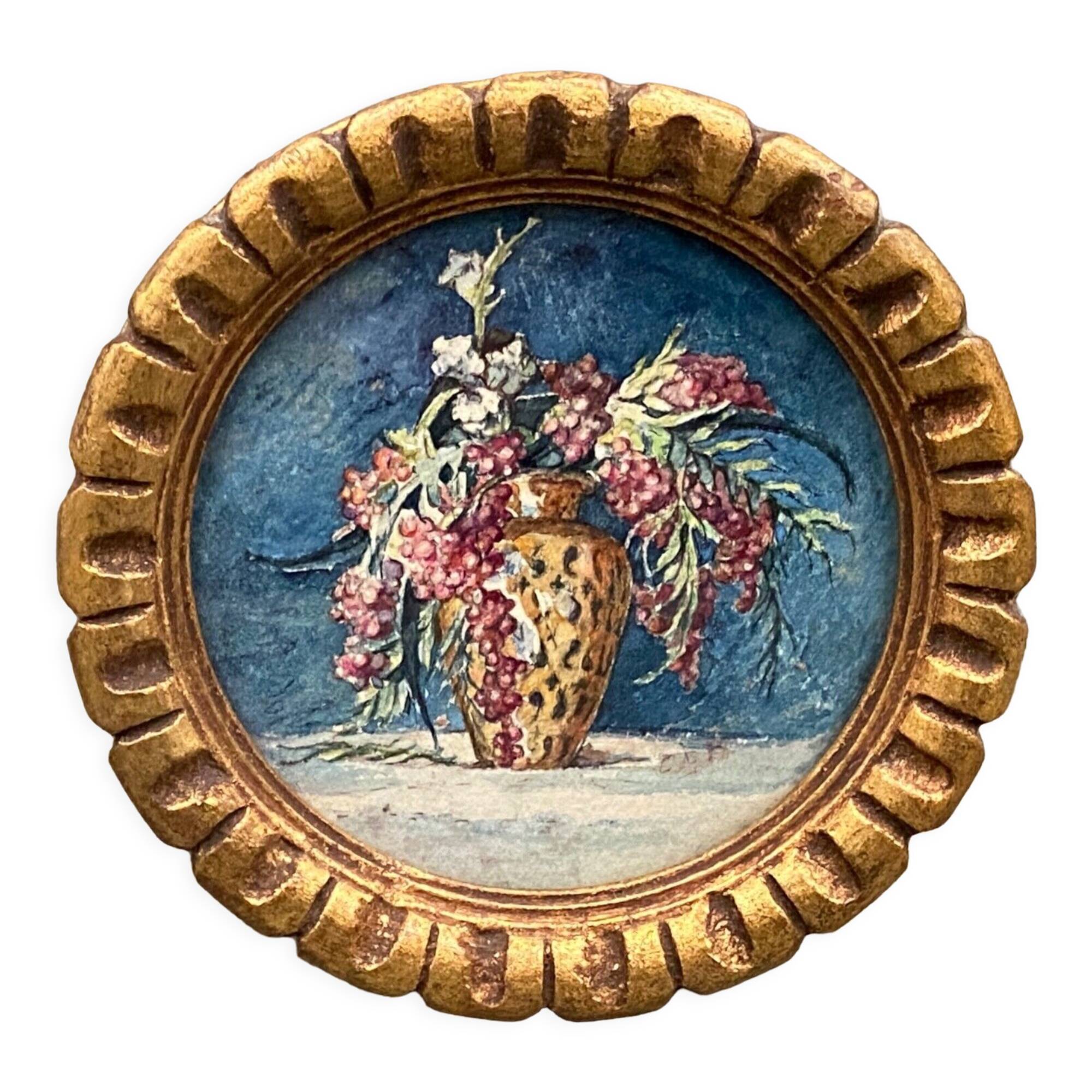 Miniature on paper still life bouquet of flowers golden frame 1900