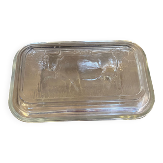 Glass butter dish with cow-decorated lid