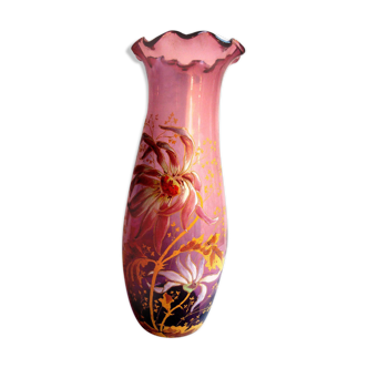 Vase art nouveau Legras, verre émaillé violet parme, dahlia et herbes