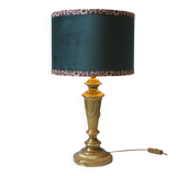 Vintage brass table lamp with green velvet shade.
