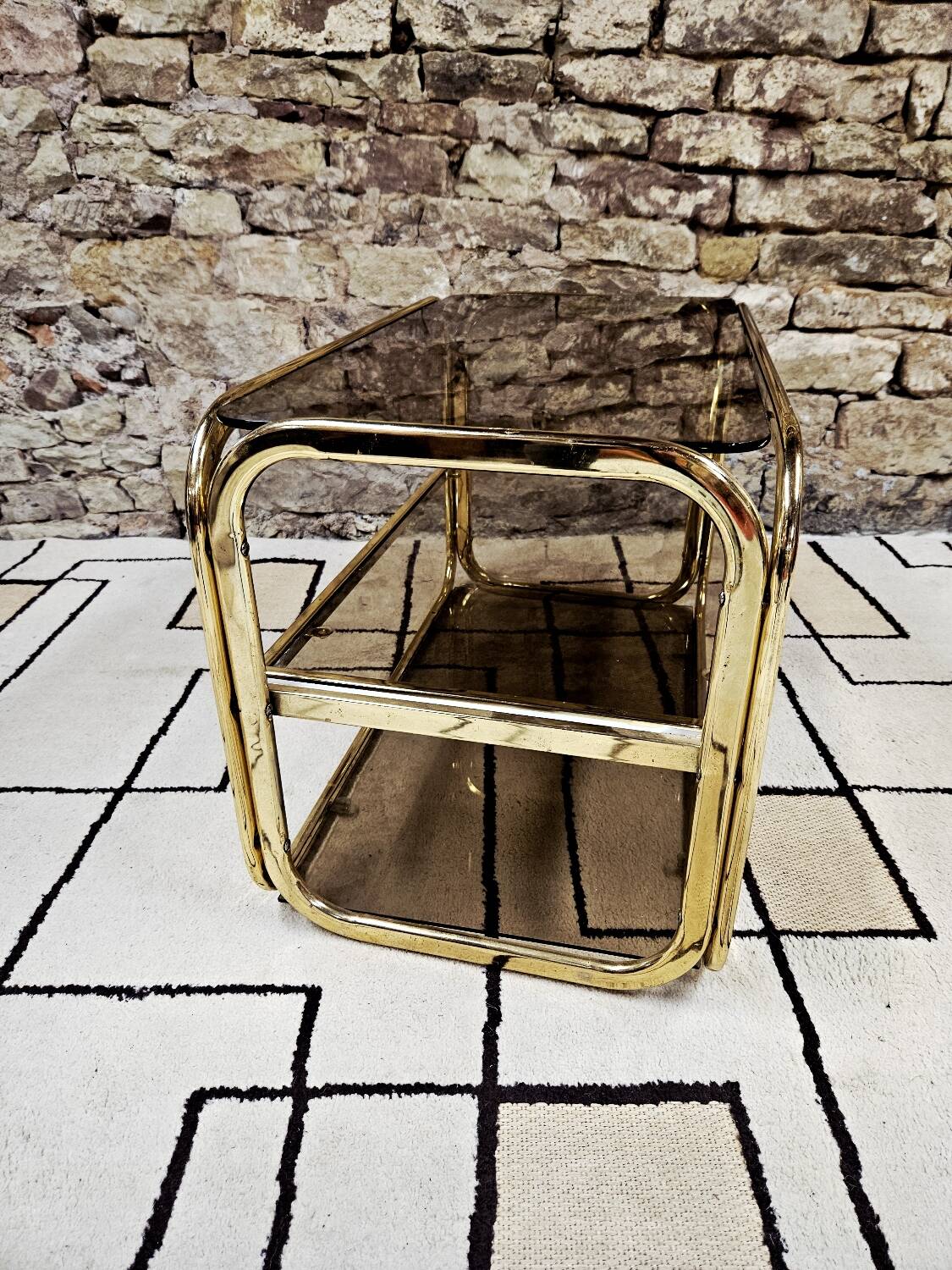 Brass coffee table with sliding top and smoked glass, 1970s vintage