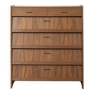 Classic shoe cabinet from the 1960s, walnut veneer, four drop-down doors, two drawers