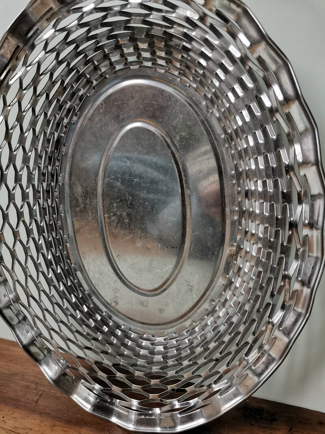 Vintage stainless steel bread basket expanded metal France