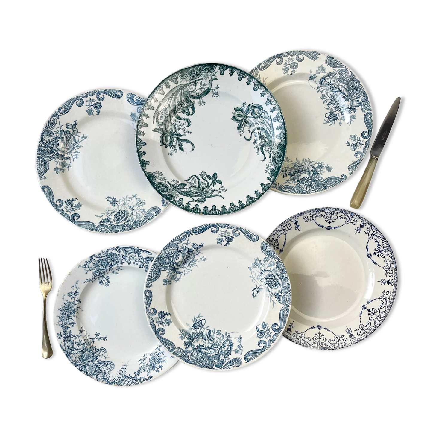 6 green and blue mismatched iron earth plates