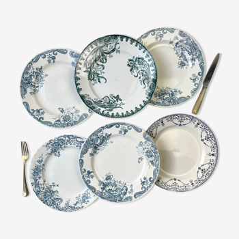 6 assiettes terre de fer dépareillées vertes et bleu