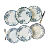 6 assiettes terre de fer dépareillées vertes et bleu