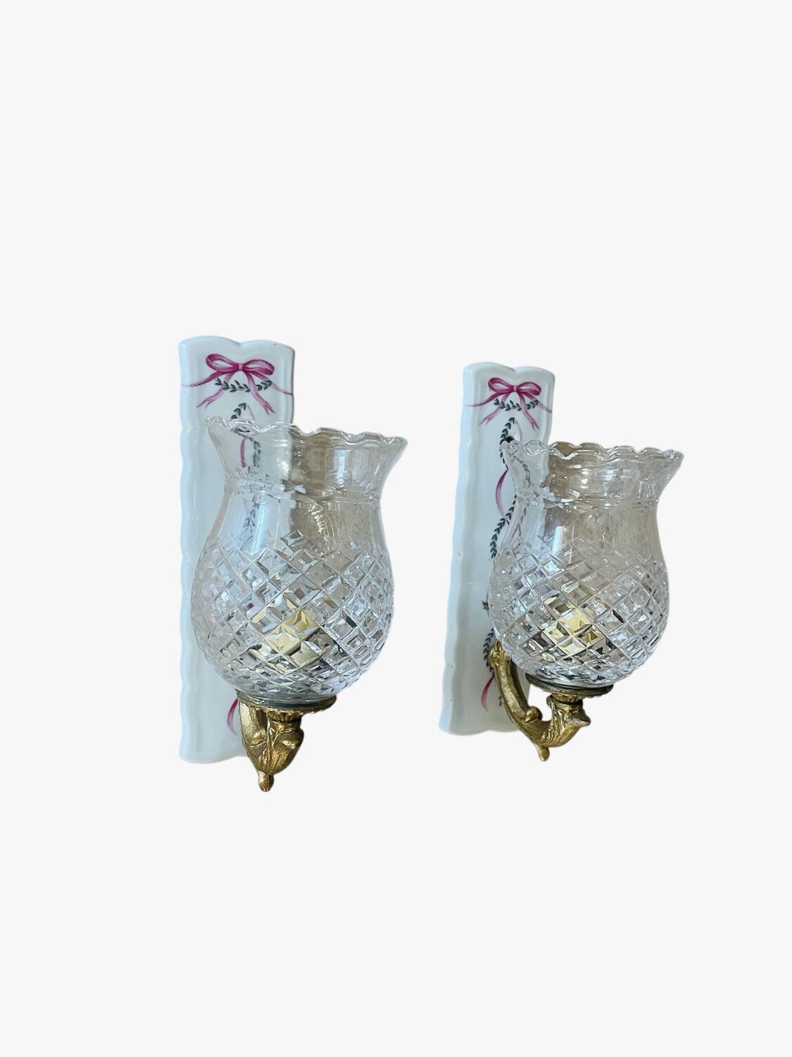 Pair of cut glass and Limoges porcelain wall sconces