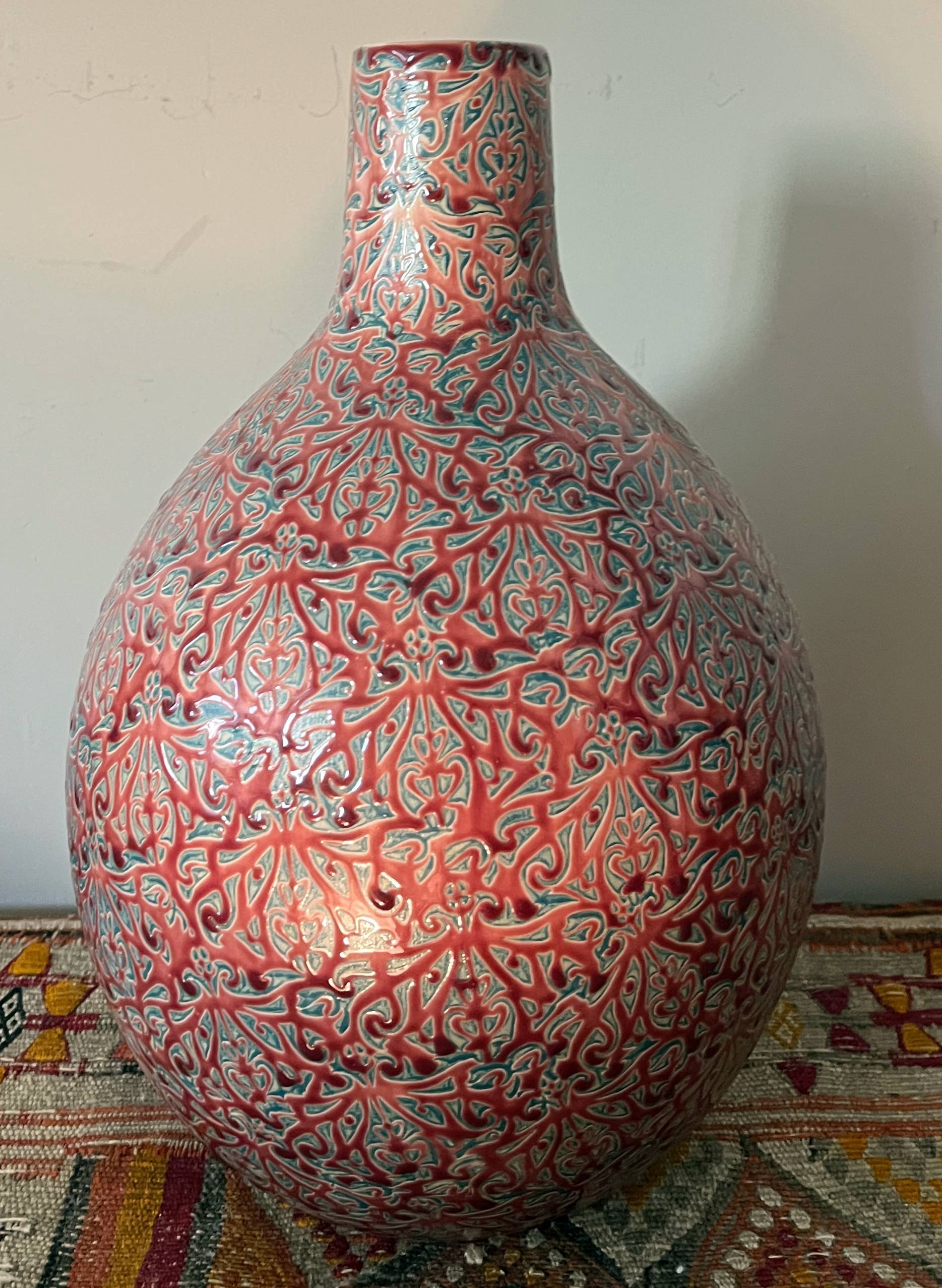 Large ceramic art vase with signed enamel interlacing