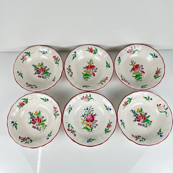 Set de 6 coupelles, modèle Réverbère par KG Lunéville, motif tulipe et rose