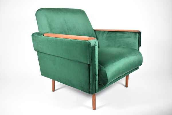 Fauteuil vintage en velours années 1960 restauré bouteille verte