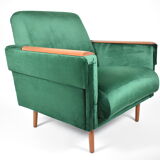 Fauteuil vintage en velours années 1960 restauré bouteille verte