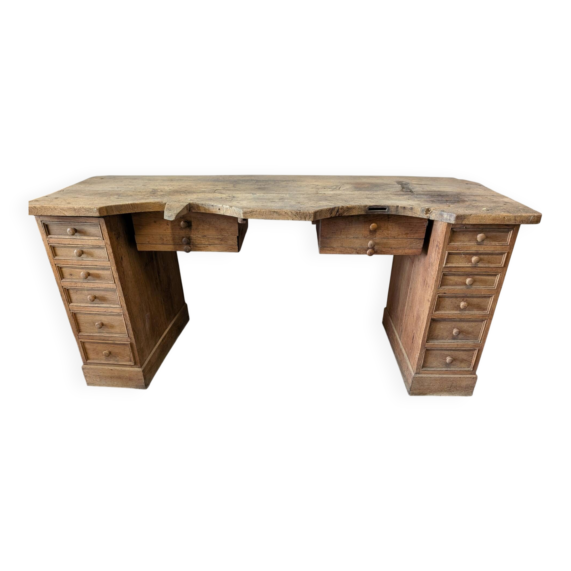 Double jeweller's workbench in solid oak, 18 drawers, early 20th century.