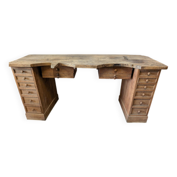 Double jeweller's workbench in solid oak, 18 drawers, early 20th century.