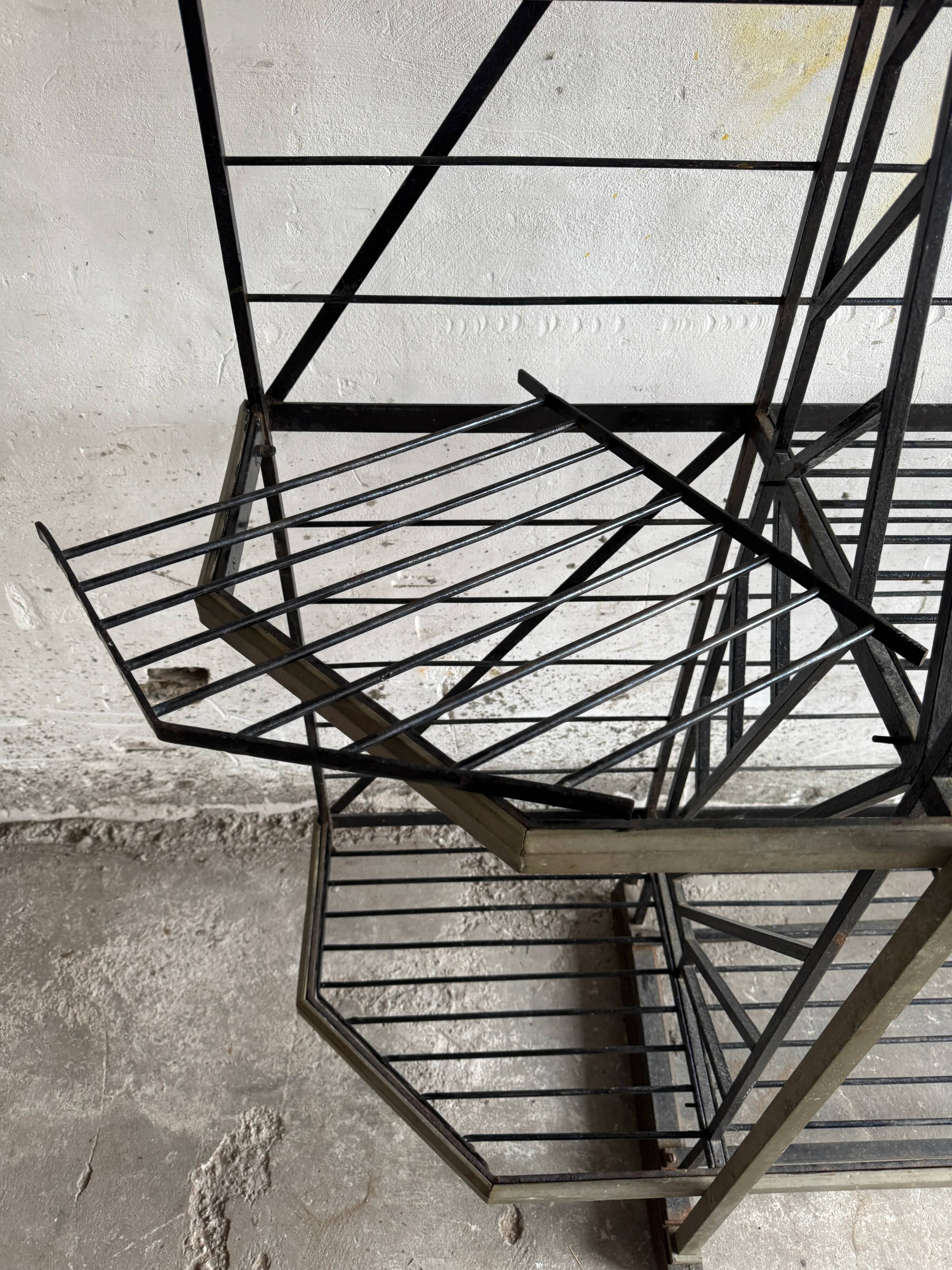 Large Black Powder-Coated Metal Industrial Baker's Rack — Three-Tier Display and Storage Unit, Brass Trim