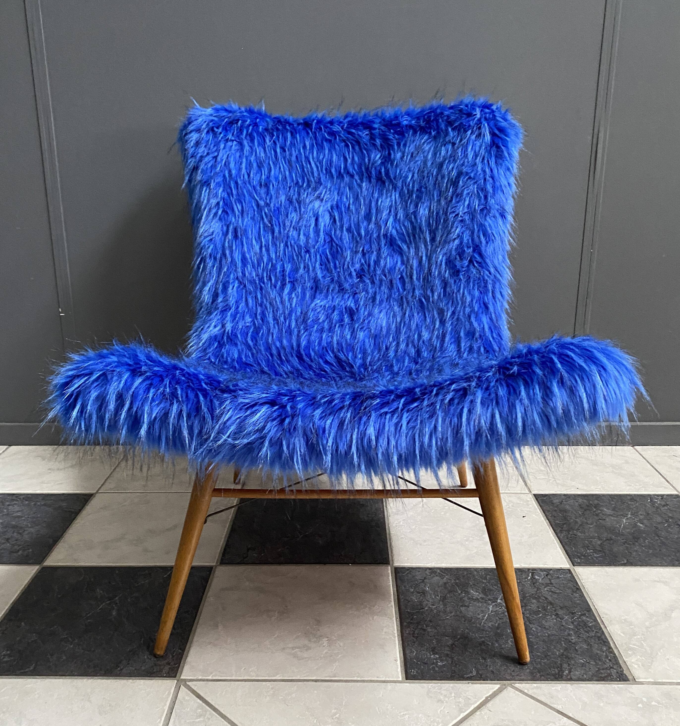iconic Miroslav Navratil chair blue fluffy fabric for Český Nábytek 1960s