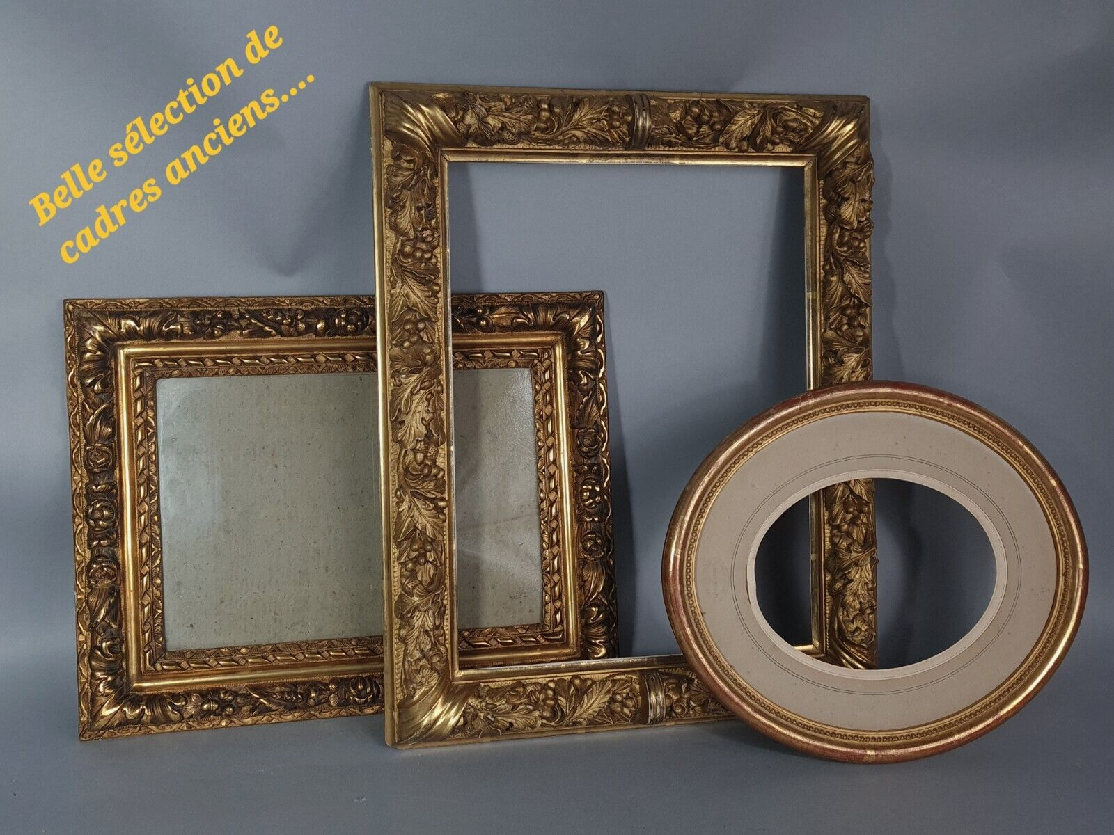 Old oval frame and glass foliage 40x30 cm wood stucco gilding gold leaf SB