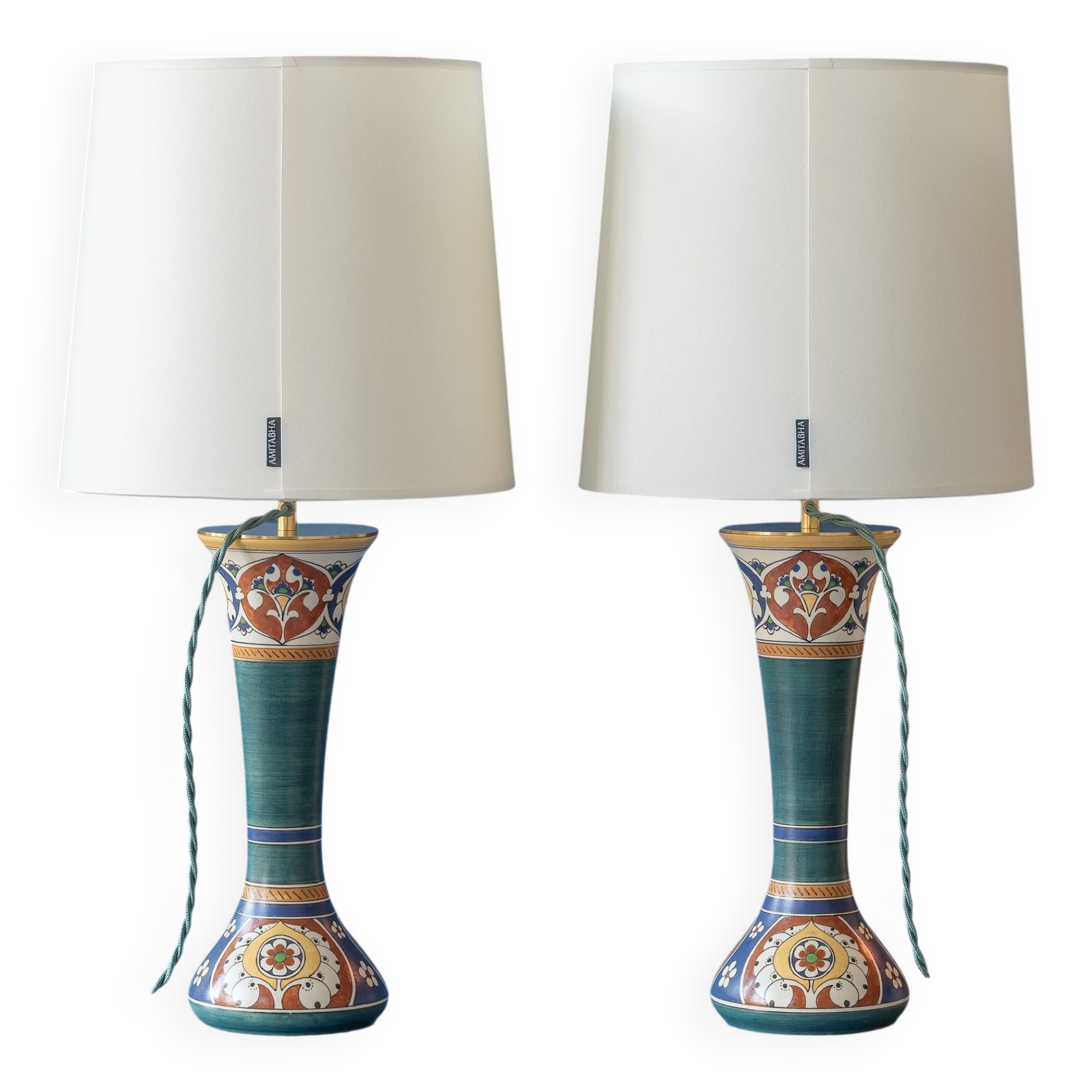 Pair of hand-painted ceramic table lamps in Dutch Art Nouveau–Art Deco style, 1910–1917.