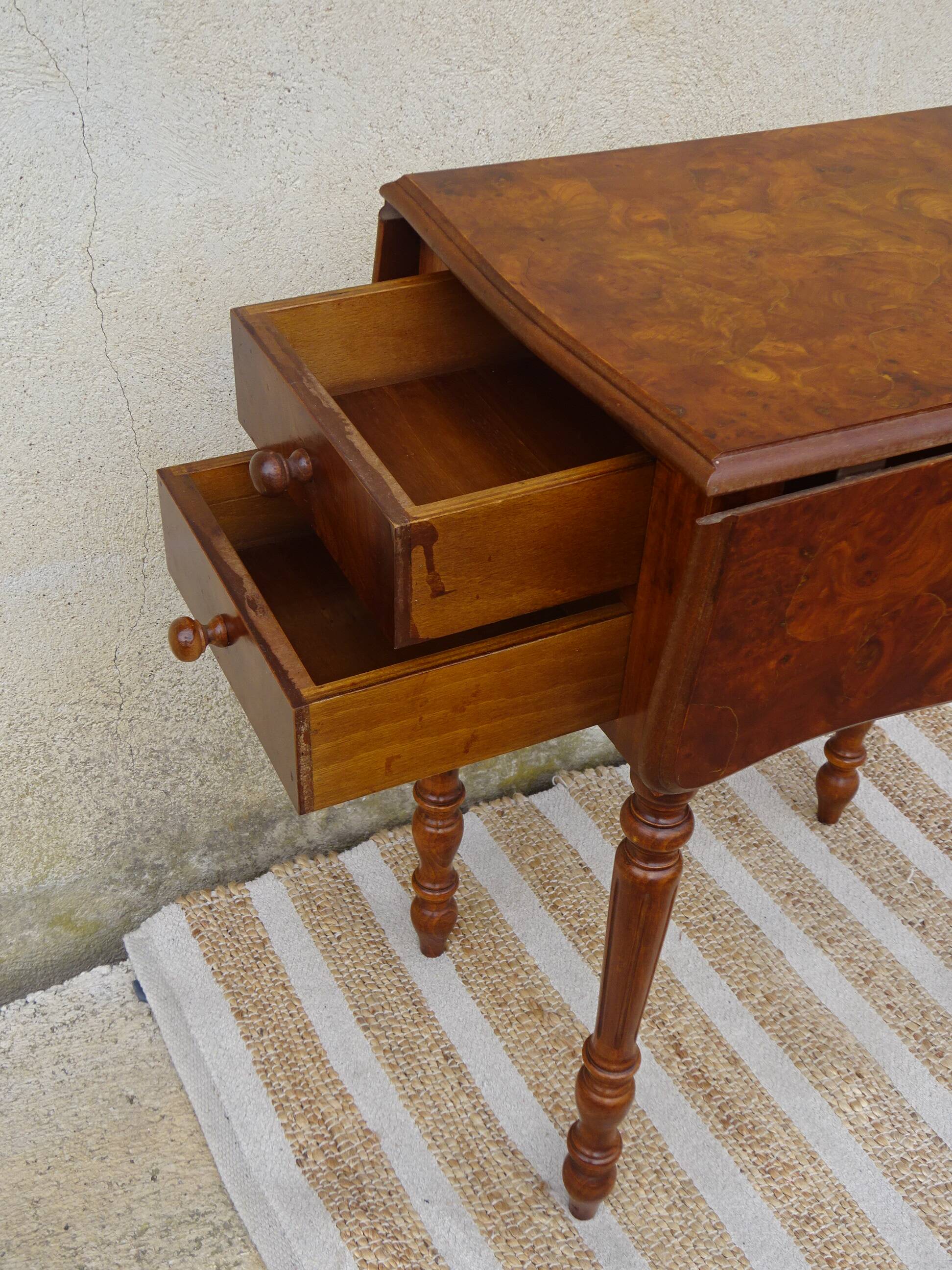 Bedside table with large flap top in burl walnut