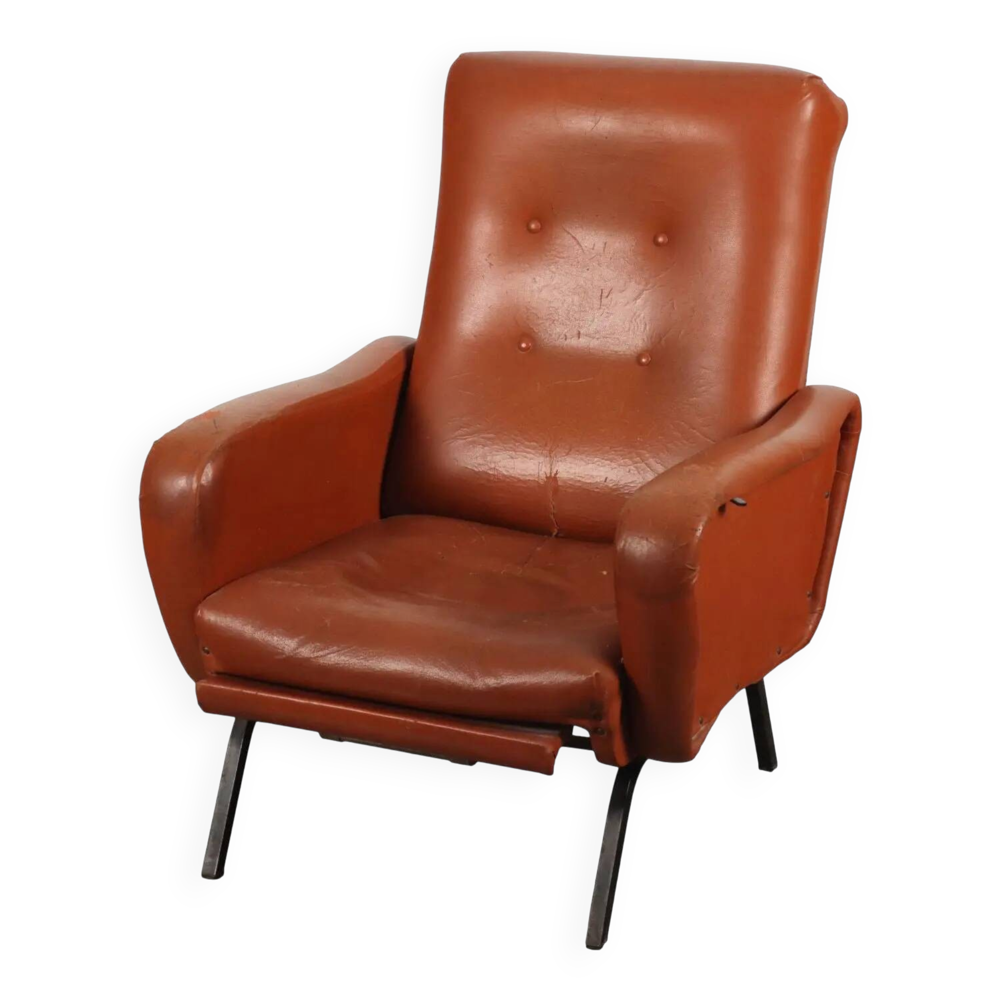 Vintage armchair from the 1970s in foam, faux leather, and metal.