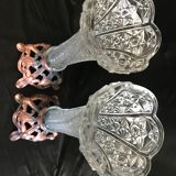 Pair of cone vases in pressed and molded glass, Zamac with 2 patinas