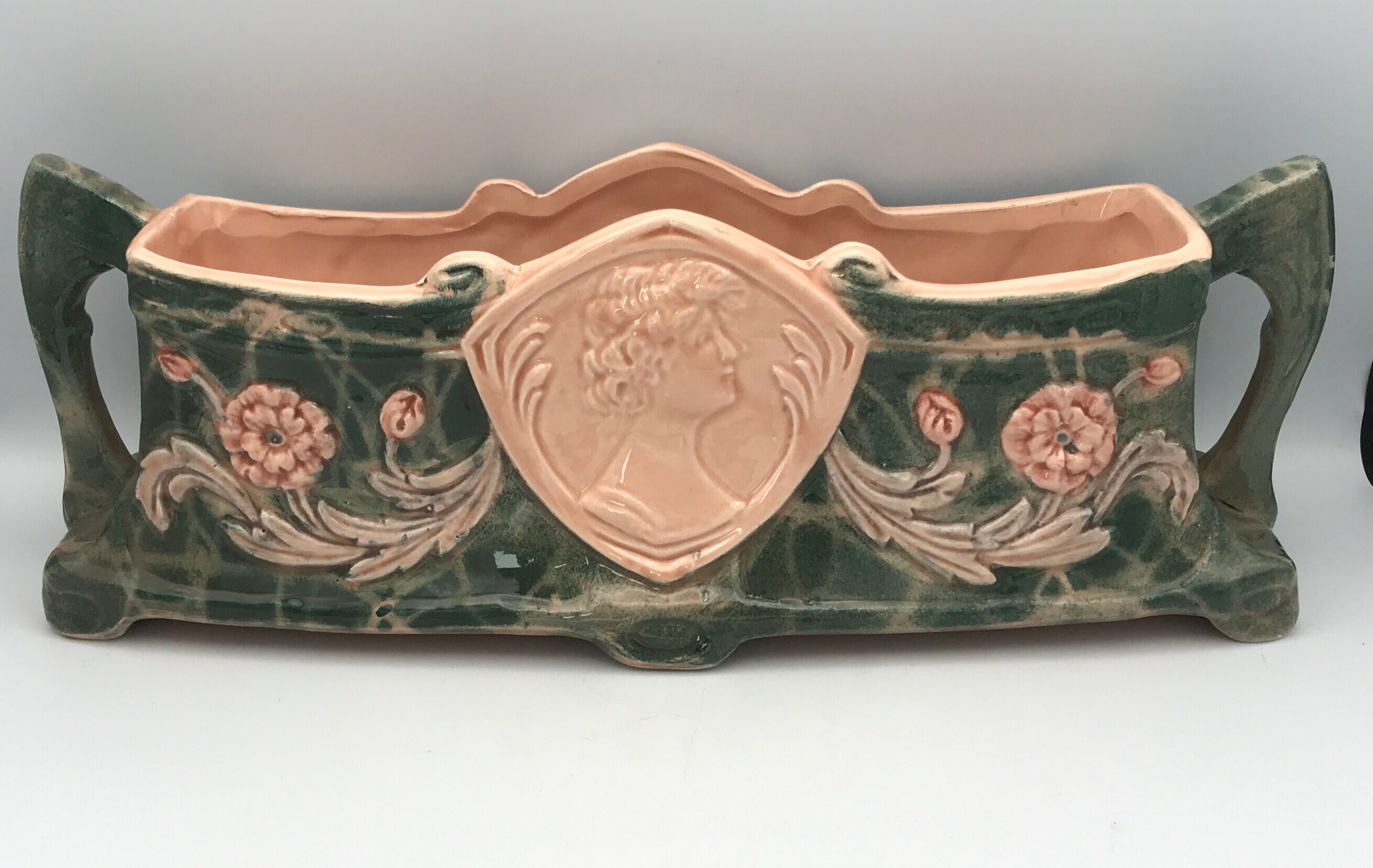 Jardinière with ceramic handles enameled vintage polychrome paint 39.5 cm