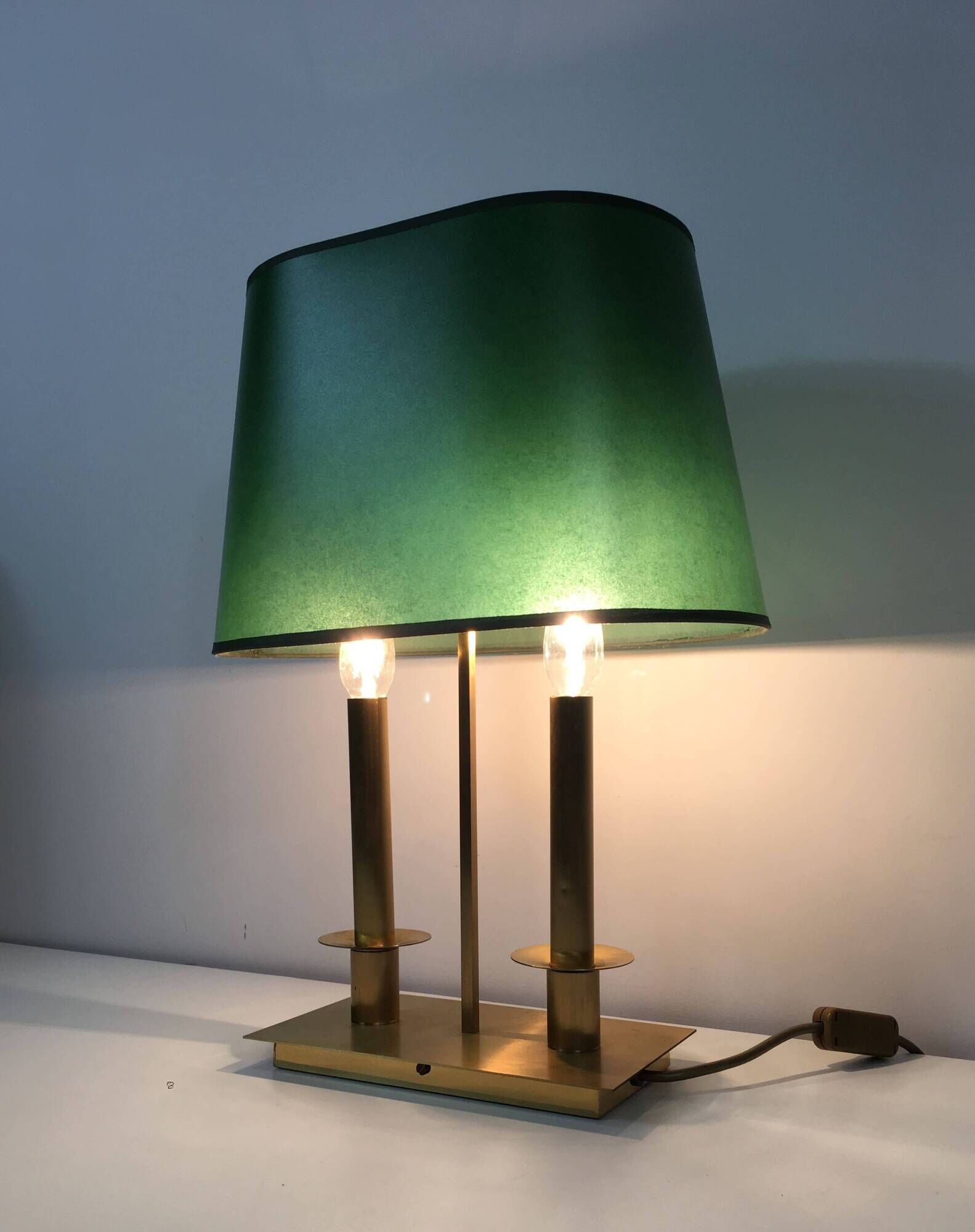 Pair of Two-Light Table Lamps in Brass with Green Shades. Work F