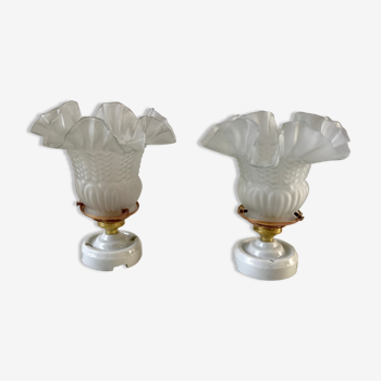 Pair of glass tulip wall lamps porcelain support 50s