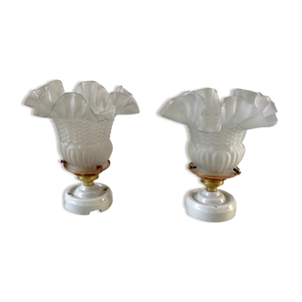 Pair of glass tulip wall lamps porcelain support 50s